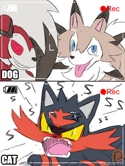 3_toes ambiguous_gender angry black_body black_eyes black_fur black_nose camera camera_view duo feet feral fur grey_body grey_fur grin hissing humor onomatopoeia open_mouth recording red_body red_eyes red_fur red_sclera semi-anthro simple_background smile solo sound_effects tan_body tan_fur text toes tongue tongue_out white_background white_body white_fur yellow_sclera winick-lim nintendo pokemon canid canine felid generation_7_pokemon litten lycanroc mammal midday_lycanroc midnight_lycanroc pokemon_(species) 3:4
