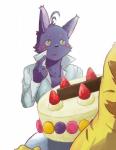 anthro birthday blush cake dessert duo food frosting fruit male plant simple_background solo_focus strawberry white_background paomer morenatsu shin_(morenatsu) torahiko_(morenatsu) domestic_cat felid feline felis mammal pantherine tiger 2016 colored