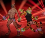 4_toes 5_fingers animal_genitalia anthro armband athletic athletic_anthro athletic_male balls belt black_claws black_nose black_stripes blue_eyes bottomless brown_spots claws clothed clothing dancing digitigrade duo feet finger_claws fingers fishnet_clothing fishnet_t-shirt fishnet_topwear fist fur genitals glowing glowstick glowstick_anklet glowstick_bracelet glowstick_necklace glowstick_on_belt glowstick_on_tail green_eyes male mane multicolored_body multicolored_fur orange_body orange_fur pawpads penis penis_tip pink_nose pink_pawpads pose rave retractable_claws sheath shirt smile spots stripes studded_belt studs t-shirt tail tan_body tan_fur tank_top tight_clothing tight_topwear toe_claws toes topwear two_tone_body two_tone_fur tsaiwolf alexeji letigre felid hyena mammal pantherine spotted_hyena tiger 6:5