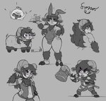 blep bunny_costume chibi clothing costume eating flexing hair hammer hooves long_hair male maul muscular ominous playboy_bunny slightly_chubby smug thick_thighs tongue tongue_out tools weapon wide_hips sono sonomatic bovid caprine mammal sheep absurd_res greyscale hi_res monochrome multiple_images sketch