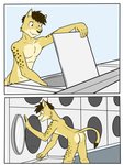 3:4 anthro bent_over butt casual_nudity cheetah comic felid feline fuze hi_res laundromat male mammal nipples nude public public_nudity solo