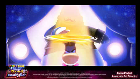 anthro big_nose black_eyebrows black_facial_hair black_mustache blonde_hair blue_curtains clapperboard clothed clothed_anthro clothed_male clothing copyright_symbol duo eyebrows eyeless facial_hair front_view furrowed_eyebrows gramophone grey_clothing grey_suit hair helicopter_hair inside larger_anthro larger_male light looking_at_viewer male male_humanoid mitten_hands mustache open_mouth open_smile reaching_towards_another size_difference smaller_humanoid smaller_male smile stage_curtains stage_lights suit symbol tan_body tan_skin text title white_body year fabio_pochet mario_bros mario_plus_rabbids_kingdom_battle mario_plus_rabbids_sparks_of_hope nintendo raving_rabbids rayman_(series) ubisoft phantom_of_the_bwahpera rayman ghost humanoid hybrid lagomorph mammal rabbid raypeople_(rayman) spirit 16:9 2023 4k absurd_res artist_name colored concept_art crossover digital_drawing_(artwork) digital_media_(artwork) english_description english_text hi_res lighting official_art shaded widescreen