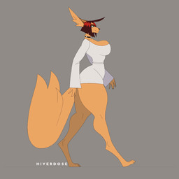 anthro belt big_breasts black_nose blinking breast_physics breasts choker cleavage_cutout clothed clothing cutout dress ear_motion female fluffy fluffy_tail fur green_eyes hair inner_ear_fluff jewelry jiggle_physics long_ears long_sleeve_dress necklace red_hair side_view simple_background small_waist smile solo tail tail_motion tailwag thick_thighs tuft walk_cycle white_clothing white_dress yellow_body yellow_fur hiverdose ilia_(hiverdose) canid canine canis golden_jackal jackal mammal 1:1 animated digital_media_(artwork)