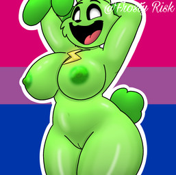 anthro areola big_breasts big_ears biped bisexual_pride_colors breasts curvy_figure female female_anthro fluffy fluffy_tail fur genitals glistening glistening_body green_body green_fur innie_vulva lgbt_pride lightning_bolt nipples outline pride_color_background pride_colors simple_background smile solo tail thick_thighs vulva white_outline wide_hips frosty_risk lgbt_pride_month mob_entertainment poppy_playtime smiling_critters hoppy_hopscotch lagomorph leporid mammal rabbit