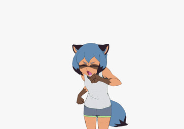 anthro athletic_wear black_highlights blue_body blue_eyes blue_fur blue_hair bottomwear brown_body brown_fur clothing falling falling_over female fur gym_bottomwear gym_shorts hair happy highlights_(coloring) multicolored_body multicolored_fur multicolored_hair open_mouth sharp_fangs shocked shorts simple_background solo stretching topwear two_tone_body two_tone_fur two_tone_hair white_background white_clothing white_topwear yawn laureano brand_new_animal studio_trigger michiru_kagemori canid canine mammal raccoon_dog tanuki 2d_animation animated frame_by_frame hi_res