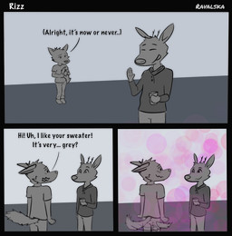 anthro blush blush_lines bokeh dialogue duo flirting humor male text worried ravalska poro_alska rav_alska canid canine deer fox mammal comic english_text hi_res