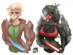 anthro beak before_and_after big_breasts black_body blue_lightsaber breasts brown_body brown_eyes clothed clothing corruption duo female fishnet_clothing gold_beak hair hair_over_eye holding_object holding_weapon jedi lightsaber looking_at_viewer melee_weapon one_eye_obstructed red_beak red_eyes red_lightsaber robe shirt shoto_saber sith tank_top topwear weapon wings cev star_wars avian bird mammal 2020 digital_media_(artwork) half-length_portrait portrait