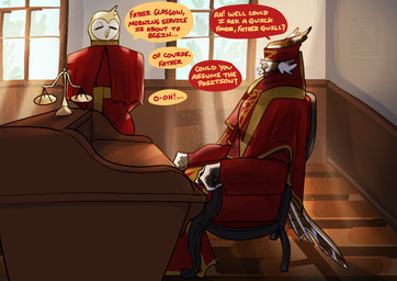 anthro blindfold chair desk dialogue duo eyes_closed furniture male male/male priest priest_robes sitting speech_bubble table text weighing_scale window drstrangeluvve father_glasgow father_quill avian barn_owl bird great_horned_owl horned_owl owl true_owl tyto tytonid english_text hi_res