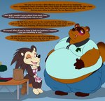 2019 animal_crossing anthro apron apron_only barefoot belly black_eyes blue_background blue_eyes blush bottomwear brown_body brown_fur brown_markings canid canine clothed clothing dialogue digital_media_(artwork) duo english_text eulipotyphlan eyelashes feet female fur furniture gloves_(marking) half-closed_eyes hedgehog hi_res jouigidragon larger_male looking_at_another male mammal markings morbidly_obese morbidly_obese_anthro morbidly_obese_male mostly_nude multicolored_body multicolored_fur narrowed_eyes nintendo obese obese_anthro obese_male one_eye_closed open_mouth open_smile overweight overweight_anthro overweight_male pants raccoon_dog sable_able sewing_machine shirt simple_background sitting size_difference smaller_female smile stool table talking_to_another tan_body tan_fur tanuki text tom_nook_(animal_crossing) tongue topwear two_tone_body two_tone_fur weight_gain