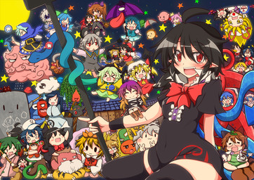 :d >_< ^_^ absolute_territory absolutely_everyone ahoge ambiguous_gender black_clothing black_dress black_legwear black_thigh_highs blonde_hair blue_hair bottle broom broom_riding brown_hair chibi cleaning_tool clothing cloud container double_v_sign dress eyes_closed female feral feralized food gesture green_hair grey_hair group hair hand_gesture holding_broom holding_cleaning_tool holding_object hug large_group leaf leaf_on_head legwear moon ofuda open_mouth open_smile pink_hair purple_hair quadruped red_eyes shrimp_(food) shrimp_tempura smile star star_polygon talisman tanuki_leaf tempura thigh_highs umbrella v_sign xd yin_yang rindou_(p41neko) asian_mythology doraemon east_asian_mythology japanese_mythology kirby_(series) mythology nintendo pokemon touhou byakuren_hijiri cirno doraemon_(character) flandre_scarlet hatate_himekaidou ichirin_kumoi kirby kogasa_tatara koishi_komeiji kracko kyouko_kasodani mamizou_futatsuiwa marisa_kirisame minamitsu_murasa mononobe_no_futo nazrin nue_houjuu reimu_hakurei remilia_scarlet rin_kaenbyou rumia sakuya_izayoi sanae_kochiya satori_komeiji seiga_kaku shou_toramaru soga_no_tojiko toyosatomimi_no_miko unzan utsuho_reiuji yoshika_miyako yukari_yakumo air_creature altaria animal_humanoid canid canid_humanoid canine canine_humanoid elemental_creature generation_3_pokemon human humanoid kasa-obake living_cloud mammal mammal_humanoid mouse mouse_humanoid murid murid_humanoid murine murine_humanoid nue pokemon_(species) reptile rodent rodent_humanoid scalie snake tanuki_humanoid waddle_dee waddling_head yokai