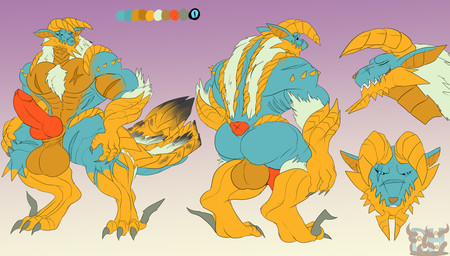 animal_genitalia animal_penis ankle_spikes anthro arm_spikes arm_tuft back_fur back_spikes balls big_balls big_penis big_tail blue_body blue_eyes blue_scales burn_scar butt canine_genitalia canine_penis chest_tuft chin_spikes claws color_swatch digitigrade elbow_tuft erection eye_scar facial_scar facial_spikes genitals horn humanoid_genitalia humanoid_penis hybrid_genitalia hybrid_penis knot knotted_humanoid_penis knotted_penis long_ears male multicolored_body multicolored_scales muscular muscular_anthro muscular_male neck_tuft pec_scar pecs penis red_penis scales scar scars_all_over shoulder_spikes smile snout snout_scar solo spikes spikes_(anatomy) tail toe_claws tuft yellow_body yellow_scales daikuhiroshiama capcom monster_hunter xingzuo_temple fan_character rakurai_(predaking2000) fanged_wyvern zinogre hi_res model_sheet story story_in_description