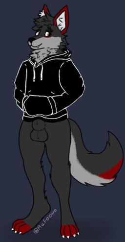 animal_genitalia anthro balls black_clothing black_hoodie black_topwear bottomless cheek_tuft claws clothed clothing embarrassed embarrassed_expression facial_tuft fluffy fluffy_balls fluffy_ears fluffy_legs fluffy_tail fully_sheathed fur genitals grey_body grey_fur hand_in_pocket hands_in_both_pockets hoodie hoodie_only looking_aside male neck_tuft paws pockets red_body red_fur sheath solo tail teeth toothy_grin topwear topwear_only tuft white_claws mafoowo max_harwell canid canine canis mammal wolf
