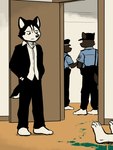 anthro black_bottomwear black_clothing black_coat black_topwear blood bodily_fluids bottomwear clothing coat colored_blood corpse detailed_background door duty_belt group looking_at_another male police police_belt police_hat police_officer police_uniform shirt topwear uniform unusual_blood unusual_bodily_fluids white_clothing white_shirt white_topwear tonyhsq tony_(tonyhsq) canid canine canis domestic_dog husky mammal nordic_sled_dog spitz 3:4 hi_res