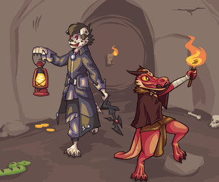anthro bone coin duo_focus fire gold_(metal) gold_coin group lamp lantern male melee_weapon sword torch weapon rockangel dungeons_and_dragons hasbro wizards_of_the_coast stor canid canine canis dalmatian domestic_dog kobold mammal reptile scalie snake hi_res