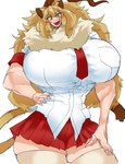 big_breasts blonde_hair bottomwear breasts clothed clothing female hair necktie shirt skirt small_head solo topwear warawaranka kemono_friends lion_(kemono_friends) animal_humanoid felid felid_humanoid humanoid lion_humanoid mammal mammal_humanoid pantherine pantherine_humanoid hi_res