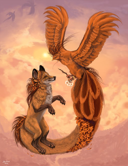 ambiguous_gender black_nose day duo feathered_wings feathers feet feral fur hindpaw orange_body orange_feathers outside paws sky sun talons tan_body tan_fur toes transformation wings flashw european_mythology greek_mythology mythology avian canid canine fox mammal mythological_avian mythological_bird mythological_creature mythological_firebird phoenix red_fox true_fox 2012 digital_media_(artwork) digital_painting_(artwork) painting_(artwork)