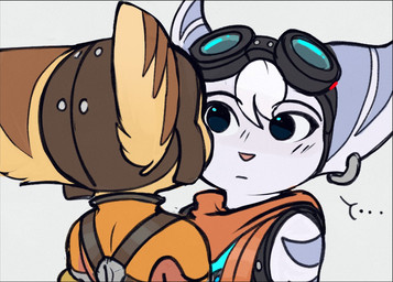 anthro clothed clothing duo ear_piercing ear_ring ellipsis eyewear eyewear_on_head female fur goggles goggles_on_head hair male male/female piercing pink_nose ring_piercing scarf stripes white_body white_fur white_hair yellow_body yellow_fur time_fluffy500 ratchet_and_clank sony_corporation sony_interactive_entertainment ratchet_(ratchet_and_clank) rivet_(ratchet_and_clank) lombax mammal