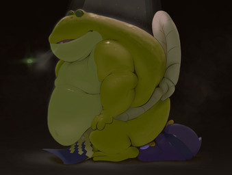 anthro belly big_belly blue_body clothed clothed_anthro clothed_male clothing duo facesitting green_body huge_belly larger_anthro larger_male male male/male male_anthro obese obese_anthro obese_male overweight overweight_anthro overweight_male sitting sitting_on_another size_difference sumo bastardpalace amphibian avian bird frog penguin hi_res