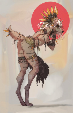 abstract_background accessory anklet anthro arm_wraps armband bedroom_eyes bent_over biped breasts brown_arms brown_body brown_fur brown_legs brown_stripes butt claws closed_smile clothing ear_piercing feather_accessory feather_headdress feet female female_anthro fur furgonomics hair hand_behind_back ineffective_clothing jewelry leaf_accessory legband looking_at_viewer loose_feather mostly_nude mostly_nude_anthro mostly_nude_male mouth_closed narrowed_eyes nipples paws piercing pose red_eyes seductive side_view small_breasts smile smiling_at_viewer snout solo standing striped_arms striped_legs stripes tail tail_accessory tail_jewelry thighband toe_claws toes torn_clothing white_hair wraps lethal_doors hyena mammal striped_hyena 2025 full-length_portrait hi_res pinup portrait shaded