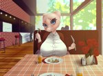 anthro big_breasts blush breast_rest breasts cutlery female food fork furniture kitchen_utensils pink_body solo table tools hissmiss nintendo pokemon hannah_(stropeysheepbun) generation_1_pokemon legendary_pokemon mew_(pokemon) pokemon_(species) hi_res