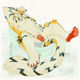 anthro athletic athletic_anthro athletic_male balls bathtub claw_foot_bathtub fangs flaccid fur genitals green_eyes hand_behind_head humanoid_genitalia humanoid_penis in_bathtub looking_at_viewer lying male male_anthro nipples nude nude_anthro nude_male on_back one_eye_closed pawpads penis pink_penis red_body red_fur sabertooth_(anatomy) slightly_chubby slightly_chubby_anthro slightly_chubby_male smile solo striped_body striped_fur stripes tan_body tan_fur teal_body teal_fur teeth wink winking_at_viewer yellow_body yellow_fur remulle_(artist) felid mammal prehistoric_species saber-toothed_tiger 1:1 2024 absurd_res hi_res