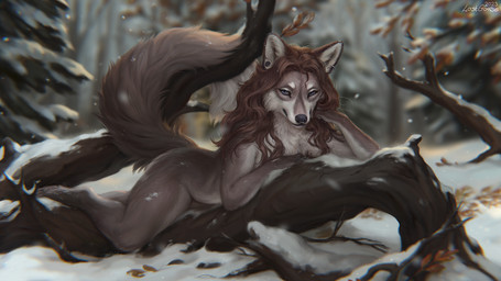 anthro blue_eyes brown_body brown_fur casual_nudity detailed_fur detailed_hair ear_piercing ear_ring facial_piercing female flesh_tunnel forest fur gauged_ear jewelry log looking_at_viewer nature necklace nose_piercing nose_ring nude nude_female outdoor_nudity outside piercing plant ring_piercing septum_piercing septum_ring snow snowflake snowing solo tree winter wood lostgoose canid canine canis mammal wolf 2023 detailed hi_res