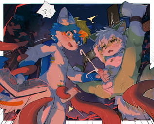 4_fingers 4_toes ankles_tied anthro anus arm_tuft arms_tied bdsm blonde_hair blue_body blue_eyes blue_fur blush blush_lines bodily_fluids bondage book border bound chest_tuft crucifixion cum cum_on_chest cumshot cute_fangs drooling duo ejaculation erection exclamation_point eyebrow_through_hair eyebrows eyewear facial_tuft fangs feet fingers foreskin fur genital_fluids genitals glasses glistening glistening_genitalia glistening_penis glistening_tentacles green_body green_fur hair hands_behind_back humanoid_genitalia humanoid_penis inner_ear_fluff kemono leg_tuft legs_up looking_pleasured male male/male male_anthro markings navel night nude open_mouth orange_markings orgasm_face outside penis perineum pink_anus pink_inner_ear plant question_mark red_tentacles ritual saliva shaking sky spread_legs spreading standing summoning suspension sweat sweatdrop teeth tentacle_around_penis tentacles toes translucent translucent_hair tree tuft wearing_glasses white_body white_border white_eyebrows white_fur white_hair white_inner_ear white_penis yellow_eyes yellow_markings young young_anthro young_male young_on_young nekowuwu canid canine mammal 2025 hi_res