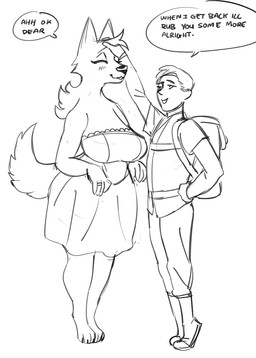 anthro backpack barefoot big_breasts blush breasts clothing dialogue digit_ring dress duo eyes_closed feet female female_on_human hair human_on_anthro husband_and_wife interspecies jewelry larger_female male male/female male_on_anthro married_couple petting ring romantic romantic_couple size_difference smaller_male smile speech_bubble text wedding_ring jijis-waifus canid canine canis domestic_dog human mammal 2017 black_and_white english_text hi_res monochrome