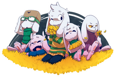 anthro blue_clothing blue_sweater blue_topwear clothing eyewear female flower glasses green_clothing green_sweater green_topwear group male pattern_clothing pattern_sweater pattern_topwear paws petals plant simple_background striped_clothing striped_sweater striped_topwear stripes sweater topwear white_background ultimatenightcore cave_story undertale undertale_(series) asriel_dreemurr jack_(cave_story) king_(cave_story) sue_sakamoto toroko boss_monster_(undertale) bovid caprine lagomorph mammal mimiga crossover hi_res