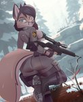 anthro blue_eyes bodily_fluids boot_soles boots breasts butt cleavage clothed clothing feet female footwear gun hair looking_at_viewer plant ranged_weapon rifle shoes side_boob sniper_rifle snow soles solo tears tree uniform weapon hinget metal_gear_(series) canid canine canis mammal wolf 2023 absurd_res artist_name digital_media_(artwork) hi_res