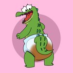 1:1 anthro blushypanda clothed clothing crocodile crocodilian crocodylid diaper diaper_fetish diaper_only digital_media_(artwork) embarrassed feces full_diaper green_body hi_res male max_(oddballs) messy_diaper netflix oddballs open_mouth reptile scalie scat simple_background soiled soiled_diaper soiling solo tail teeth topless wearing_diaper