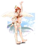 armwear brown_hair bulge clothing cosplay crossover_cosplay eyes_closed feathered_wings feathers feet hair legwear light_body light_skin male not_furry open_mouth open_smile smile toes wings soft_sizzle genshin_impact kid_icarus mihoyo nintendo pit_(kid_icarus) venti_(genshin_impact) angel humanoid winged_humanoid crossover hi_res