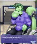 anthro chair clothing disability female furniture green_body green_hair hair looking_at_viewer on_chair scales short_hair sitting sitting_on_chair smile smiling_at_viewer snout solo tail topwear vehicle wheelchair yellow_sclera sokoyo_owo cavemanon_studios i_wani_hug_that_gator olivia_halford baryonyx dinosaur prehistoric_species reptile scalie spinosaurid theropod hi_res