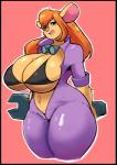 anthro big_breasts black_border blue_eyes border breasts buckteeth clothed clothing curvy_figure eyewear female goggles hair hands_behind_head huge_breasts long_hair navel open_mouth orange_hair pink_nose simple_background solo teeth thick_thighs tools voluptuous wide_hipped_female wide_hips wrench eikasianspire chip_'n_dale_rescue_rangers disney gadget_hackwrench mammal mouse murid murine rodent 2017 hi_res