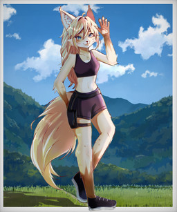 anthro black_bottomwear black_clothing black_topwear blonde_hair blue_eyes border bottomwear bra clothed clothed_female clothing cloud detailed_background female footwear forest fur hair hand_behind_back holster legband looking_at_viewer plant pose raised_hand shoes shorts smile solo spandex spandex_shorts sports_bra standing tan_body tan_fur tight_bottomwear tight_clothing tight_shorts topwear tree underwear white_border hirofumi_kumori felid feline mammal absurd_res digital_media_(artwork) hi_res