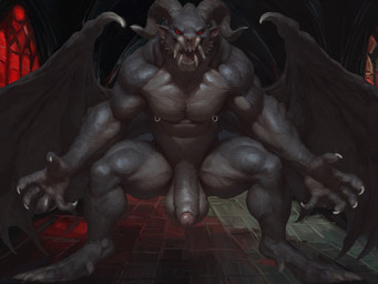 5_fingers balls cathedral claws curled_horn fangs fangs_bared fingers foreskin front_view genitals horn large_fangs male membrane_(anatomy) membranous_wings muscular muscular_male nipple_piercing nipple_ring nipples nude pecs penis piercing pointy_ears red_eyes red_lighting ring_piercing solo teeth wings hybridart gargoyle monster 4:3 hi_res