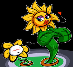 :| ambiguous_gender big_breasts blue_eyes blush blush_lines breasts covering covering_breasts duo eyelashes eyeshadow female flower green_body heart_symbol kissy_face leaf leaf_arms lipstick looking_at_another looking_down looking_down_at_another looking_up_at_another makeup mouth_closed not_furry petals pink_eyeshadow plant red_lipstick seductive simple_eyes size_difference text yellow_petals felino conker's_bad_fur_day rareware undertale undertale_(series) flowey_the_flower miss_sunflower elemental_creature flora_fauna flower_creature 2015 artist_name dated digital_drawing_(artwork) digital_media_(artwork) hi_res