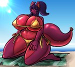 anthro areola beach big_breasts bikini breasts clothed clothing female glistening glistening_body gold_bikini hair heart_symbol huge_breasts inflatable kneeling looking_at_viewer nipples nozzle outside pool_toy red_body sea seaside simple_background solo swimwear towel two-piece_swimsuit water commanderthings mattie_(meanmetal) animate_inanimate canid canine canis living_inflatable mammal wolf absurd_res hi_res