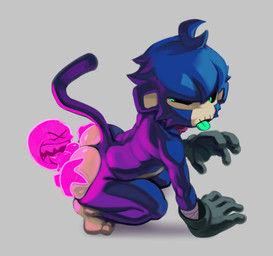 ambiguous_gender ambiguous_oral ambiguous_rimming ambiguous_rimming_male anal anthro black_sclera blue_body blue_fur blue_hair butt clothing fur glistening glistening_butt gloves glowing glowing_body green_tongue hair hairless_butt hand_on_butt handwear licking looking_back male male/ambiguous oral pink_light pink_lighting raised_tail rimming rimming_male sex sharp_teeth solo tail teeth tongue tongue_out x_eyes owy bloons_tower_defense ninja_kiwi corvus_(bloons) haplorhine mammal monkey primate hi_res