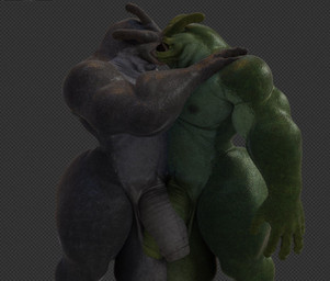 anthro big_muscles big_penis duo genitals green_body grey_background grey_body huge_muscles kissing male male/male muscular muscular_male nipples nude penis simple_background thick_thighs wide_hips zillastudio gastropod mollusk slug 2024