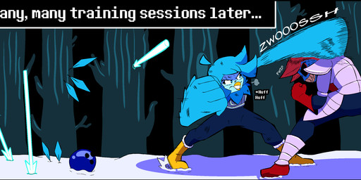 ambiguous_gender anthro armor beak biped blue_body blue_feathers blue_hair blue_scales bowling_ball clothed clothed_anthro clothing dodging duo eye_patch eyewear feathers fight hair melee_weapon polearm punch red_hair scales spear text weapon winged_arms wings merlebirb_(artist) undertale_(series) undertale_yellow martlet_(undertale_yellow) undyne animal_humanoid avian bird fish fish_humanoid humanoid marine marine_humanoid 2024 digital_drawing_(artwork) digital_media_(artwork) english_text hi_res female_(lore)