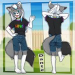 accessory anthro black_tip_tail black_tipped_ears blue_eyes blue_sclera bottomwear clothing collar denim denim_bottomwear denim_clothing denim_shorts fur gaymer gesture grey_body grey_fur hair hand_on_hip lgbt_pride looking_at_viewer male multicolored_clothing multicolored_collar multicolored_shirt multicolored_t-shirt multicolored_text multicolored_topwear pride_color_accessory pride_color_clothing pride_color_collar pride_color_shirt pride_color_t-shirt pride_color_text pride_color_topwear pride_colors print_clothing rainbow_pride_colors shirt shorts six-stripe_rainbow_pride_colors smile solo t-shirt text topwear waving white_hair white_tipped_ears young young_anthro sicmop dante_kinkade canid canine canis mammal wolf 1:1 2022 hi_res model_sheet