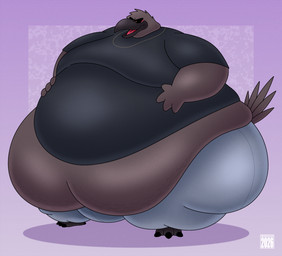 3_toes anthro avian_feet beak belly big_belly black_beak black_body black_talons blush bottomwear clothed clothing feathers feet head_tuft huge_belly male moobs morbidly_obese morbidly_obese_anthro morbidly_obese_male obese obese_anthro obese_male open_beak open_mouth orange_eyes overweight overweight_anthro overweight_male pants pink_tongue purple_background shirt simple_background solo standing tail tail_feathers toes tongue topwear tuft balloonedbird tuba_(balloonedbird) avian bird corvid corvus_(genus) crow oscine passerine 2026 hi_res shaded