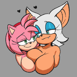 accessory anthro blue_eyes breasts duo eyelashes fangs featureless_breasts female female/female fur green_eyes grey_background hair_accessory half-closed_eyes narrowed_eyes nude nude_female pink_body pink_fur simple_background teeth raijinoni sega sonic_the_hedgehog_(series) amy_rose rouge_the_bat bat eulipotyphlan hedgehog mammal 1:1 hi_res