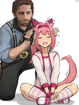 accessory asian_clothing beard belt_buckle black_bottomwear black_clothing black_pants bottomwear brown_hair brush brushing brushing_hair buckle buruma clothed clothing crossed_ankles duo ear_bow east_asian_clothing eyes_closed facial_hair female footwear fully_clothed hair headband jacket japanese_clothing kneeling legwear male open_mouth open_smile pants pattern_clothing pattern_footwear pattern_legwear pattern_socks personal_grooming pink_hair pink_headband ponytail shaking short_hair simple_background sitting smile social_grooming socks striped_clothing striped_footwear striped_socks stripes styling_hair topwear trembling white_background white_clothing white_jacket white_topwear gamryous cygames red_dead_(series) rockstar_games uma_musume_pretty_derby arthur_morgan haru_urara_(pretty_derby) animal_humanoid equid equid_humanoid equine equine_humanoid horse_humanoid human humanoid mammal mammal_humanoid 3:4 absurd_res crossover hi_res