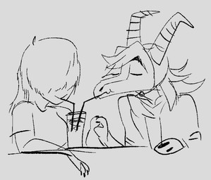 anthro breasts clothing container crossgender cup drinking drinking_straw duo eyes_closed fake_horns female female_human female_on_anthro ftm_crossgender glass glass_container glass_cup hair hair_over_eyes hand_holding hand_puppet hat headgear headwear male male/female male_anthro male_on_human mtf_crossgender puppet romantic romantic_couple snout coolbug cavemanon_studios puppet_pals snoot_game anon_(snoot_game) schizo_chan_(snoot_game) compsognathid compsognathus dinosaur human mammal prehistoric_species reptile saurischian scalie theropod 2024 digital_media_(artwork) monochrome sketch