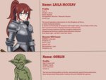 accessory armor biography blue_eyes ear_piercing ear_ring female female_human green_body green_skin hair hair_accessory hairband humanoid_pointy_ears long_hair looking_at_viewer male male/female male_humanoid melee_weapon not_furry nude_male piercing pointy_ears ring_piercing sword weapon young young_male hippo_power goblin human humanoid mammal comic hi_res