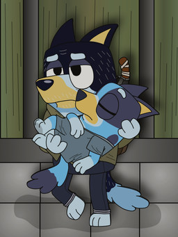 3_fingers age_difference anthro backpack barefoot black_eyes blue_body blue_fur bottomwear carrying_another clothing dark_body dark_fur dark_nose duo eyes_closed feet female fingers fur gun half-closed_eyes hospital_gown male male/female narrowed_eyes older_male pants parody ranged_weapon shadow shirt sleeping tail topwear unconscious walking wall_(structure) weapon yellow_inner_ear young younger_female miss_pie_(artist) bluey_(series) naughty_dog sony_corporation sony_interactive_entertainment the_last_of_us bandit_heeler bluey_heeler australian_cattle_dog canid canine canis cattledog domestic_dog herding_dog mammal pastoral_dog 3:4 daughter_(lore) father_(lore) father_and_child_(lore) father_and_daughter_(lore) parent_(lore) parent_and_child_(lore) parent_and_daughter_(lore)