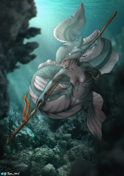 amputee breasts clitoris detailed_background disability female fin genitals gills grey_body grey_eyes grey_skin melee_weapon missing_arm nipples non-mammal_breasts non-mammal_nipples piercing polearm scar solo spear split_form teal_nipples vulva weapon the_gentle_giant aquatic eel fish hybrid merfolk shark hi_res