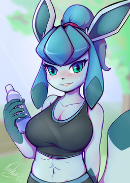 abs anthro big_breasts black_clothing black_topwear blue_body blush bodily_fluids bottle bottomwear bra breasts cleavage clothed clothing container female hair holding_object looking_at_viewer open_mouth pokemorph ponytail simple_background solo sports_bra sportswear sweat sweatdrop sweaty_face tail topwear underwear uniform nachan nintendo pocari_sweat pokemon annie_(nachan) eeveelution generation_4_pokemon glaceon mammal pokemon_(species) absurd_res digital_media_(artwork) hi_res